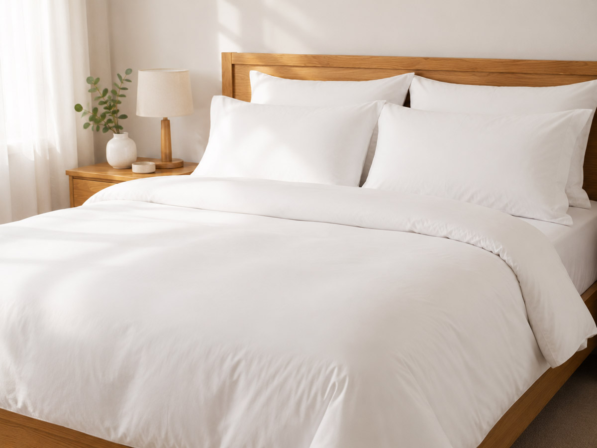 Cama perfectamente tendida estilo hotel con textiles blancos esponjosos