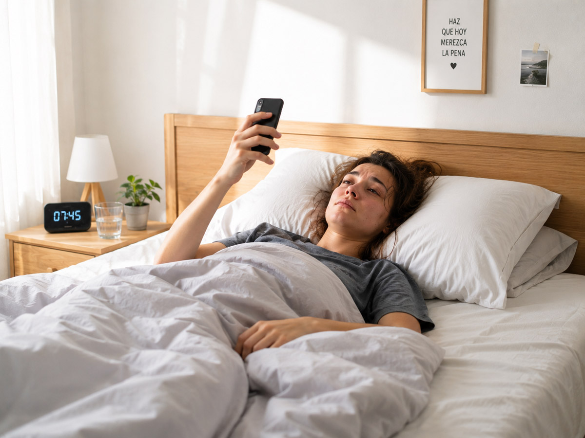 Mujer en cama revisando el teléfono con cara de cansancio al despertar
