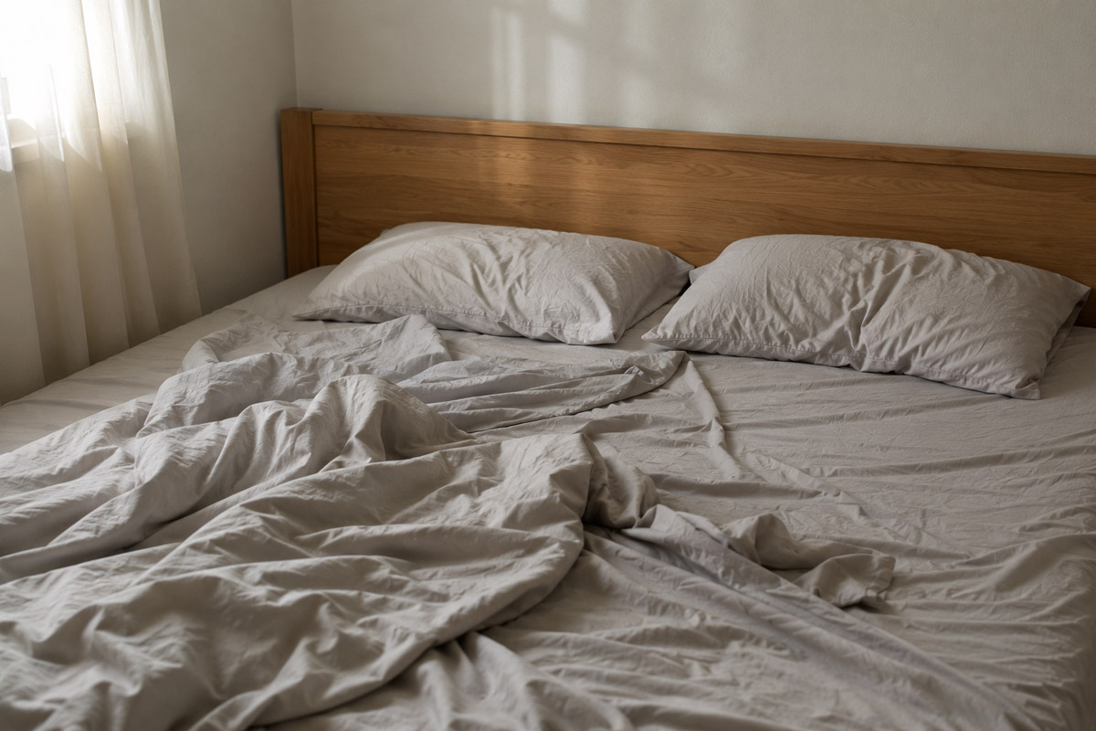 Cama sin tender con textiles arrugados y sin vida